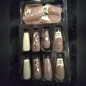 French Salon Quality Press On Nails Luxury Logo Print Rhinestone Long Coffin